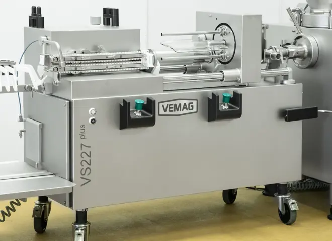 Vemag HP10L + VS227 + AH 219 Vemag højkapacitets pølselinje med ophænger | Pølsestopper og pølsesprøjte til fødevareindustrien | Nemco