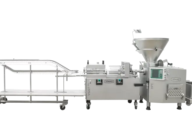 Vemag HP10L + VS227 + AH 219 | Vemag højkapacitets pølselinje med ophænger | Pølsestopper og pølsesprøjte til fødevareindustrien | Nemco